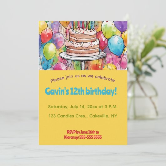 編集可能ケーキとバルーンの誕生日 招待状 (スタンド正面)