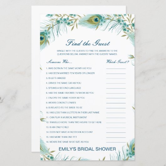 編集可能ゲストの検索ブライダルシャワーゲーム (正面/裏面)