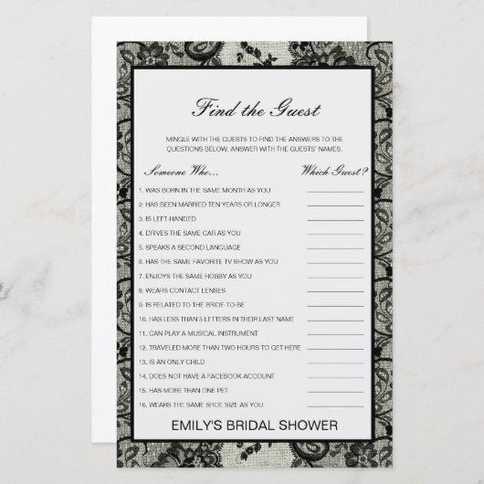 編集可能ゲストの検索ブライダルシャワーゲーム (正面/裏面)