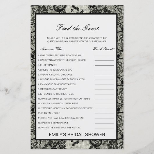 編集可能ゲストの検索ブライダルシャワーゲーム (正面)