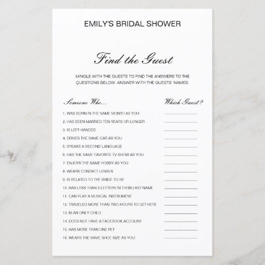 編集可能ゲストの検索ブライダルシャワーゲーム (正面)
