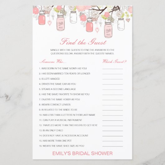 編集可能ゲストの検索ブライダルシャワーゲーム (正面)