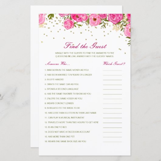 編集可能ゲストの検索ブライダルシャワーゲーム (正面/裏面)