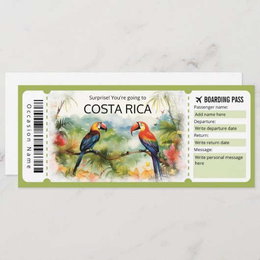 編集可能コスタリカ飛行機チケット搭乗券 招待状 (正面/裏面)