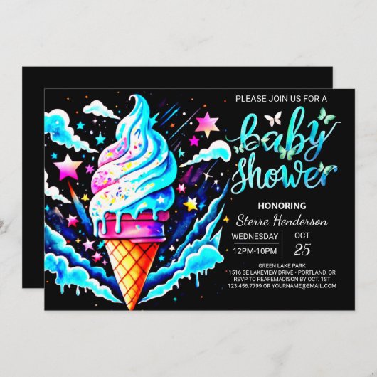 編集可能コーンアイスクリームボーイベビーシャワー 招待状 (正面/裏面)