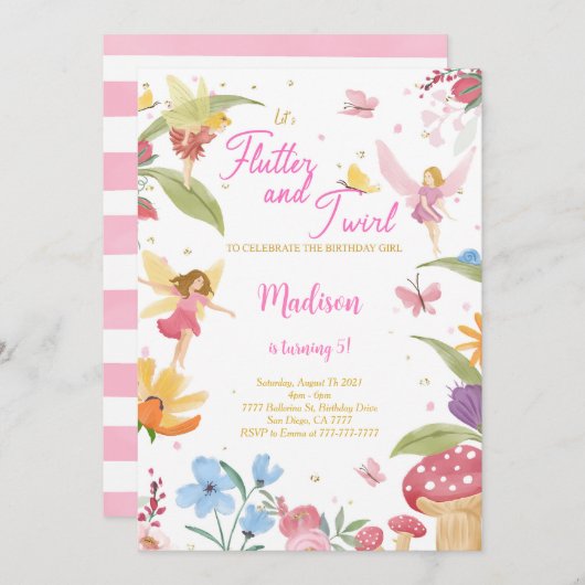 編集可能ゴールデンフェアリー誕生日パーティー 招待状 (正面/裏面)