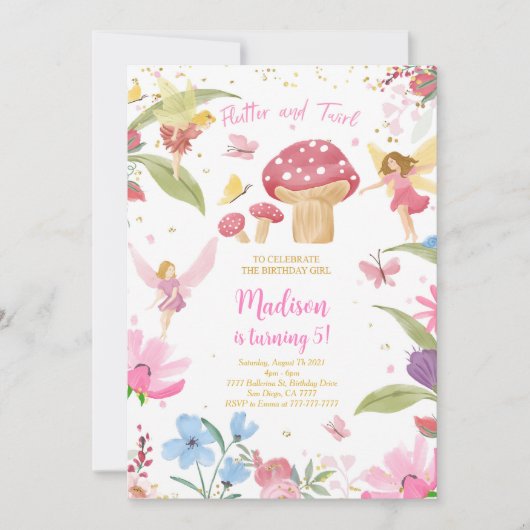 編集可能ゴールデンフェアリー誕生日 招待状 (正面)