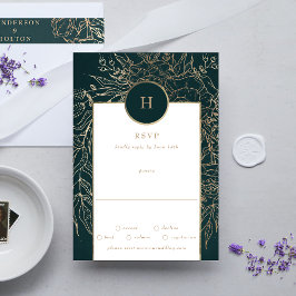 編集可能ゴールドフォイル&エメラルドグリーンリースモノグラム 出欠カード