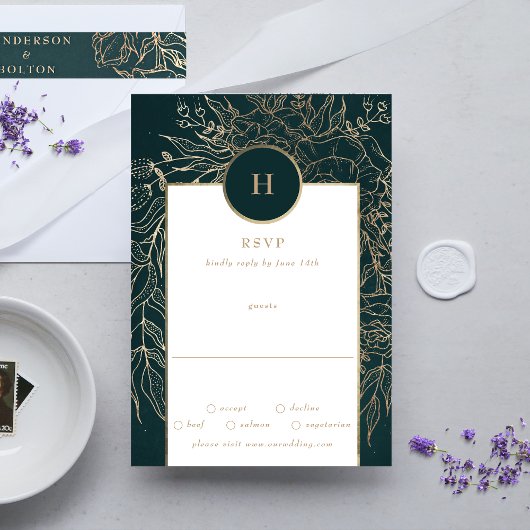 編集可能ゴールドフォイル&エメラルドグリーンリースモノグラム 出欠カード