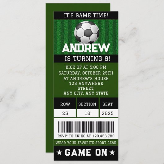 編集可能サッカーチケット誕生日がパーティーを供給 招待状 (正面/裏面)
