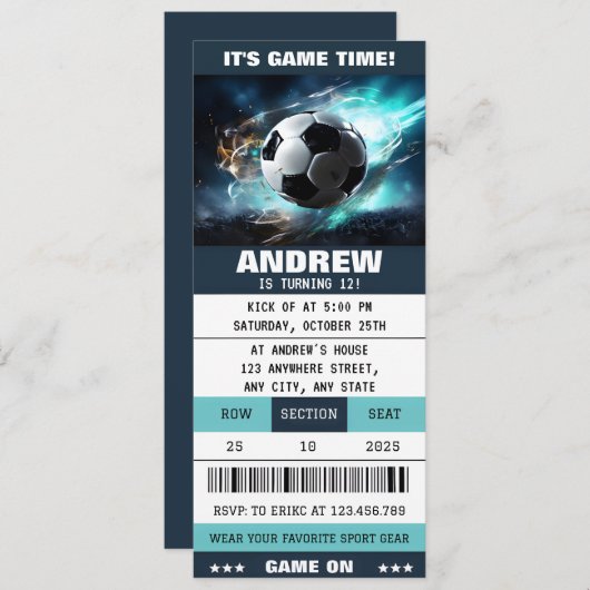 編集可能サッカー用品子供へチケット誕生日 招待状 (正面/裏面)