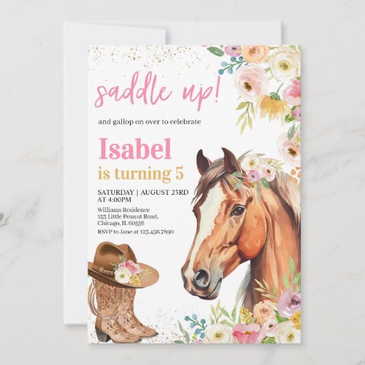 編集可能サドルアップピンクホース女性のカーボーイ誕生日Inv 招待状 (正面)