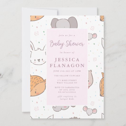 編集可能サファリジャングル動物ピンクベビーシャワー 招待状 (正面)