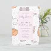 編集可能サファリジャングル動物ピンクベビーシャワー 招待状 (スタンド正面)