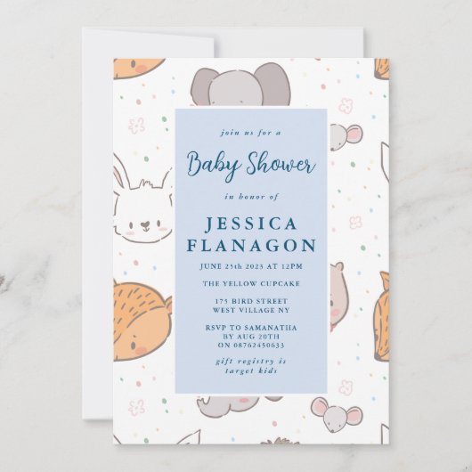 編集可能サファリジャングル動物ブルーベビーシャワー 招待状 (正面)