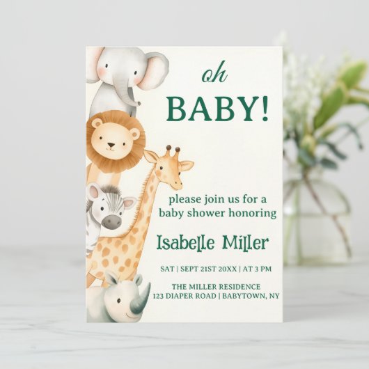 編集可能サファリベイビーシャワー招待状動物 招待状 (スタンド正面)