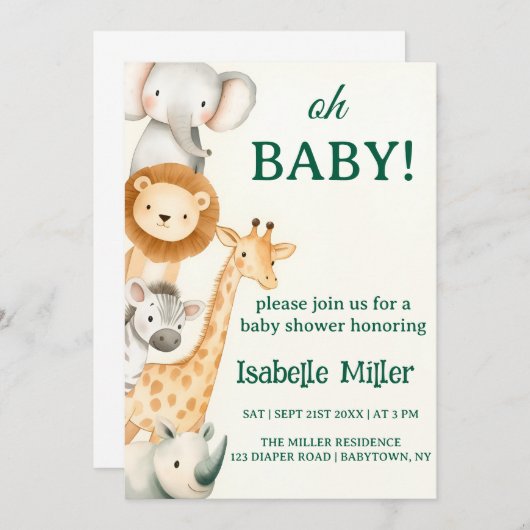 編集可能サファリベイビーシャワー招待状動物 招待状 (正面/裏面)