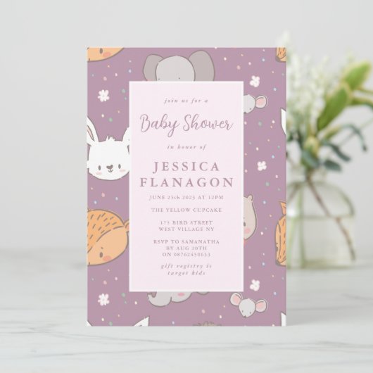 編集可能サファリ動物ジャングルピンクベビーシャワー 招待状 (スタンド正面)