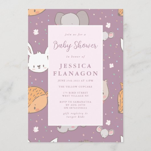 編集可能サファリ動物ジャングルピンクベビーシャワー 招待状 (正面)