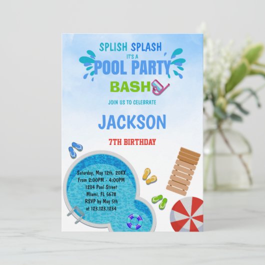 編集可能サマースイムバッシュ招待状 子供へ 招待状 (スタンド正面)