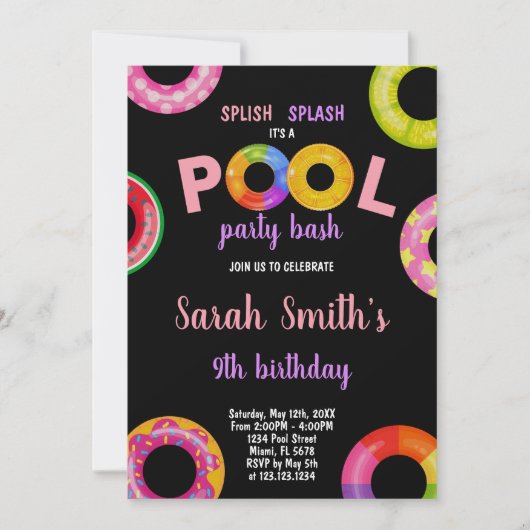 編集可能サマースイムパーティー招待状とフローティ 招待状 (正面)