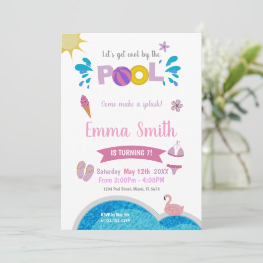 編集可能サマースイムパーティー招待状for Girls 招待状 (スタンド正面)