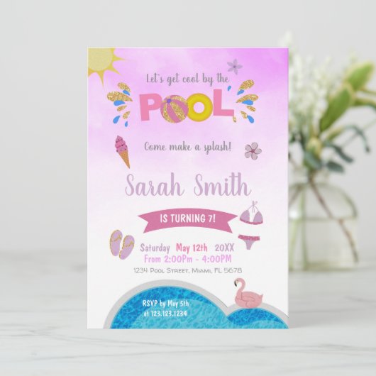 編集可能サマースイムパーティー招待状for Girls 招待状 (スタンド正面)