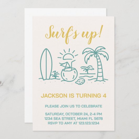 編集可能サーフの誕生日パーティーへの招待 招待状 (正面/裏面)