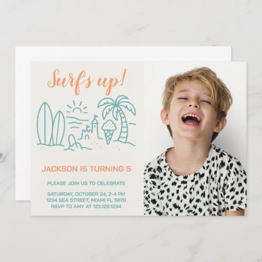 編集可能サーフの誕生日パーティーへの招待 招待状 (正面/裏面)