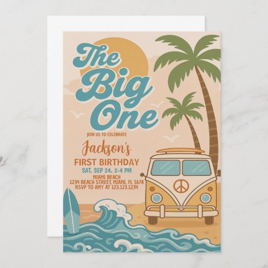 編集可能サーフィンザ・ビッグ・ワン・ボーイ1st誕生日 招待状 (正面/裏面)
