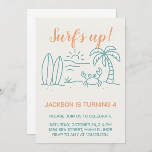 編集可能サーフズアップ誕生日招待状 招待状 (正面/裏面)