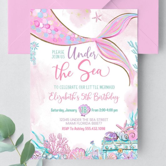 編集可能ザシーパープルティール(緑がかった色)リトルマーメイド 招待状