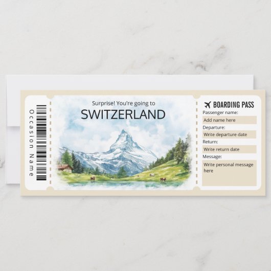 編集可能スイス飛行機チケット、スイス 招待状 (正面)