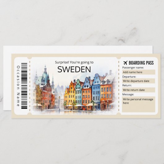 編集可能スウェーデン飛行機チケット、スウェーデン旅行 招待状 (正面/裏面)