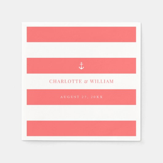 編集可能ストライプいかりカラー航海の結婚の スタンダードカクテルナプキン (正面)