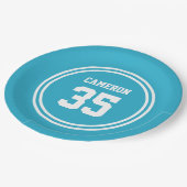 編集可能ストライプな色と背景色スポーティ ペーパープレート (アングル)