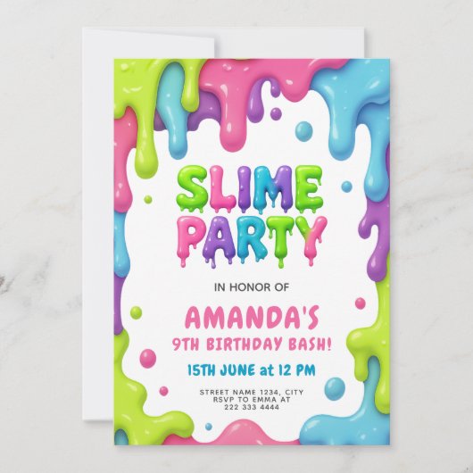 編集可能スライムをテーマにした子供の誕生日パーティー 招待状 (正面)