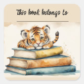 編集可能タイガーと書籍の蔵書票シール スクエアシール (正面)