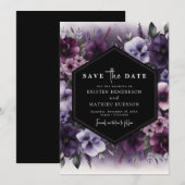 編集可能タイポグラフィパープル結婚フローラ セーブザデート (正面/裏面)