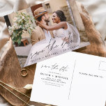 編集可能タイポグラフィ日付を保存フォトミニマルな写真 ポストカード<br><div class="desc">結婚式の前に写真を持つ日付カードを保存する。Save the Dateカードには手で書いたモダン草書タイポグラフィが含まれエレガント、シンプルとミニマルモダンムな結婚式の日のお祝いの後に使用すシンプルる。</div>