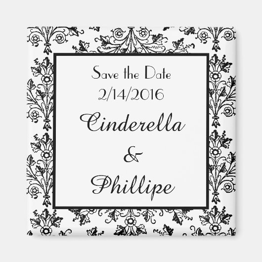 編集可能ダマスク日付ヴィンテージフローラスクウェア マグネット (正面)