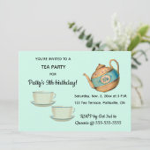 編集可能ティーポットとティーカップ誕生日ティーパーティー 招待状 (スタンド正面)