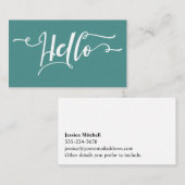 編集可能ティール（緑がかった色）上の白いHelloスクリプトタイポグラフィ 名刺 (正面/裏面)