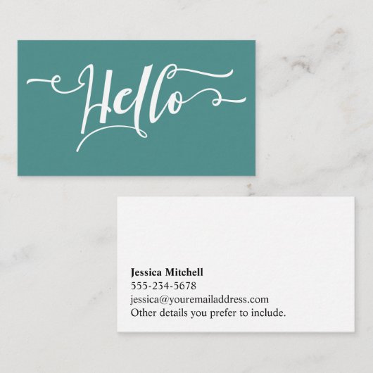 編集可能ティール(緑がかった色)上の白いHelloスクリプトタイポグラフィ 名刺 (正面/裏面)