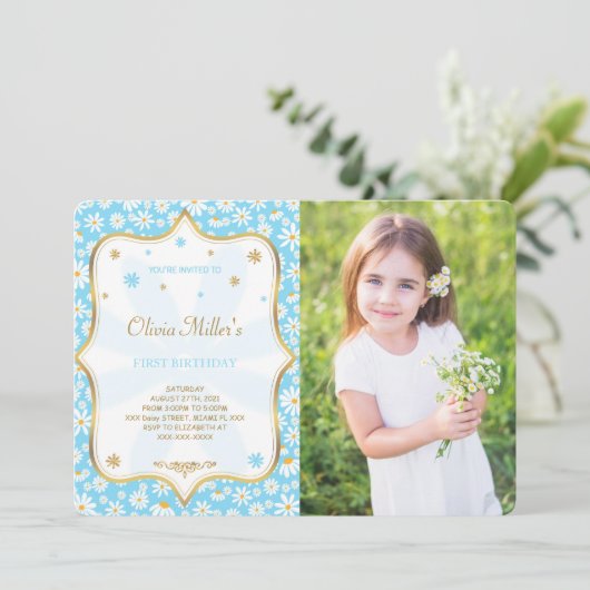 編集可能デイジー誕生日フォト招待状 招待状 (スタンド正面)