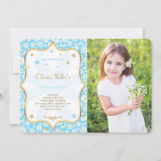 編集可能デイジー誕生日フォト招待状 招待状 (正面)