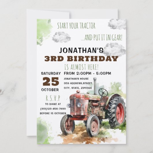 編集可能トラクタ誕生日招待状 招待状 (正面)
