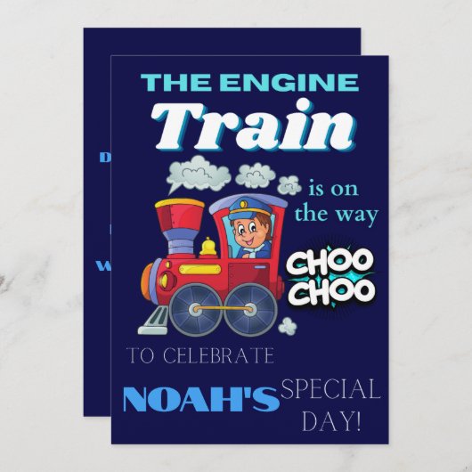 編集可能トレイン子供の誕生日パーティーデジタル 招待状 (正面/裏面)