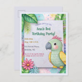編集可能トロピカルオウム誕生日 インビテーションポストカード (正面/裏面)