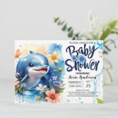 編集可能ドルフィンボーイ赤ちゃんシャワー 招待状 (スタンド正面)